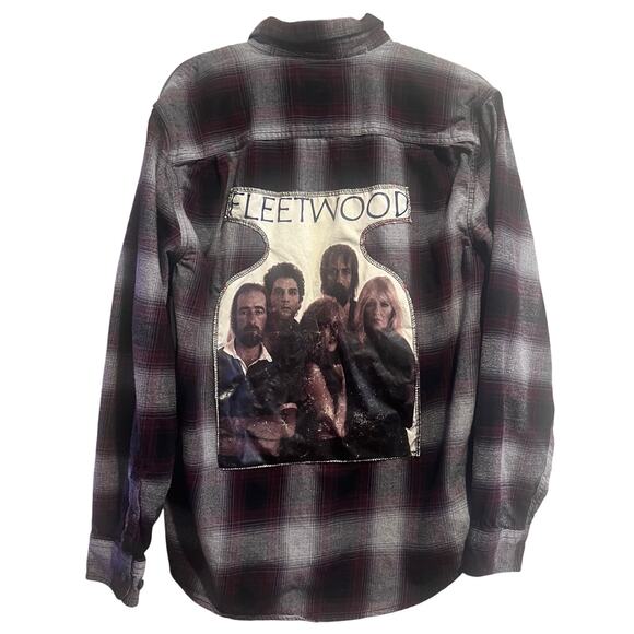 Fleetwood Mac Maroon Gray Plaid Flannel Shirt Upcycled One of a Kind Unisex-L - Picture 1 of 5